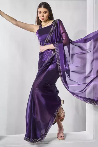 purple embellished beads and stones organza saree