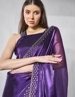 purple embellished beads and stones organza saree 5