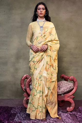 yellow woven design zari silk blend banarasi saree