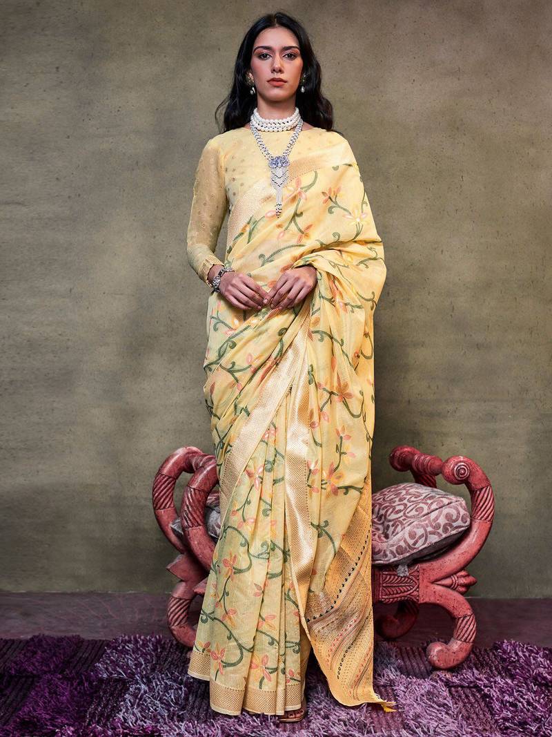 yellow woven design zari silk blend banarasi saree