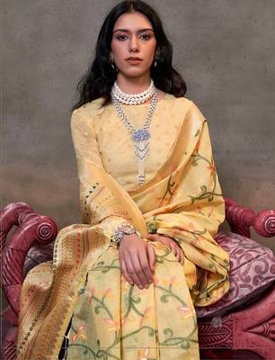yellow woven design zari silk blend banarasi saree 2