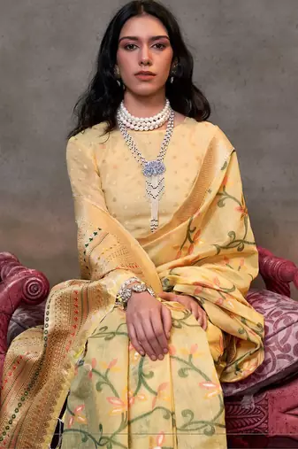 yellow woven design zari silk blend banarasi saree