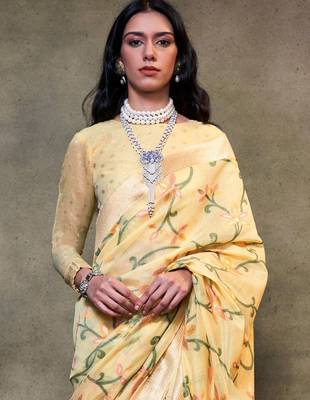 yellow woven design zari silk blend banarasi saree 3