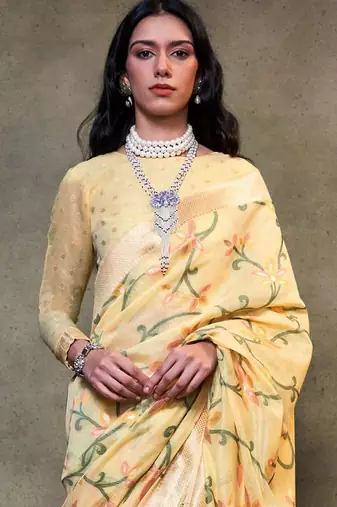yellow woven design zari silk blend banarasi saree