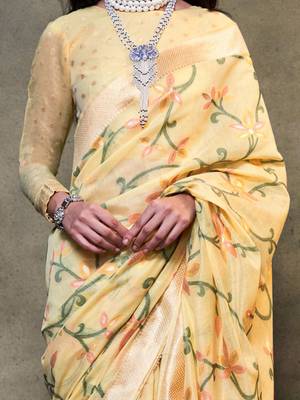 yellow woven design zari silk blend banarasi saree 4