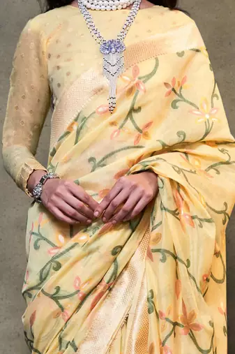 yellow woven design zari silk blend banarasi saree