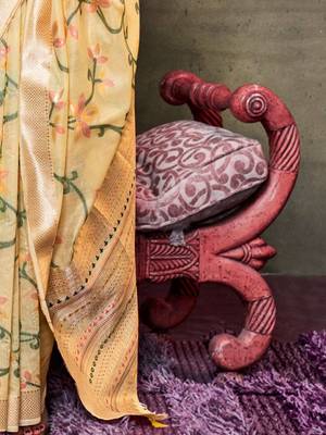 yellow woven design zari silk blend banarasi saree 5