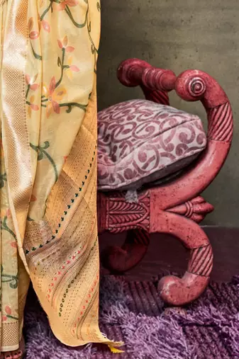 yellow woven design zari silk blend banarasi saree