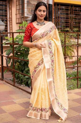 yellow yellow floral embroidered zari linen saree