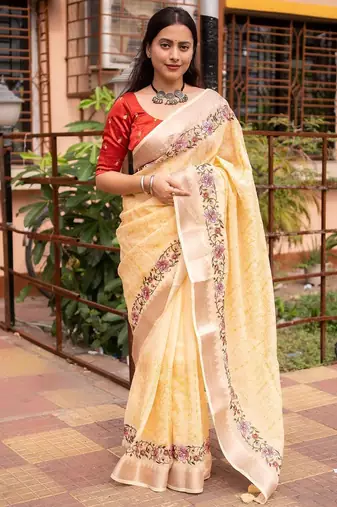 yellow yellow floral embroidered zari linen saree