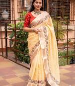 yellow yellow floral embroidered zari linen saree
