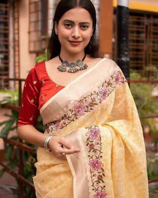 yellow yellow floral embroidered zari linen saree 3