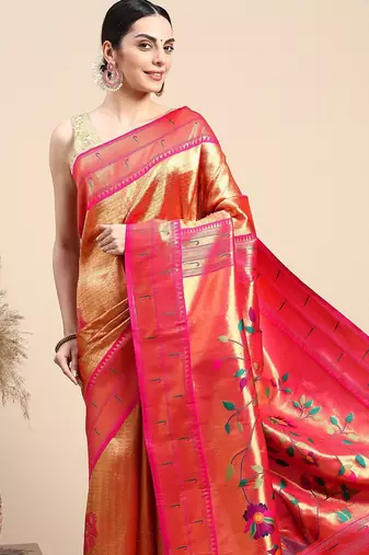 mustard floral zari paithani saree