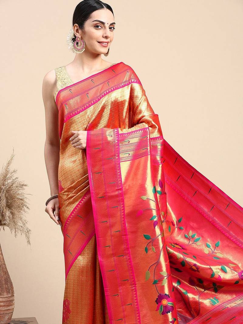 mustard floral zari paithani saree