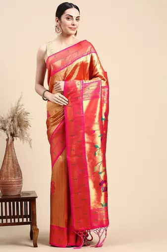 mustard floral zari paithani saree