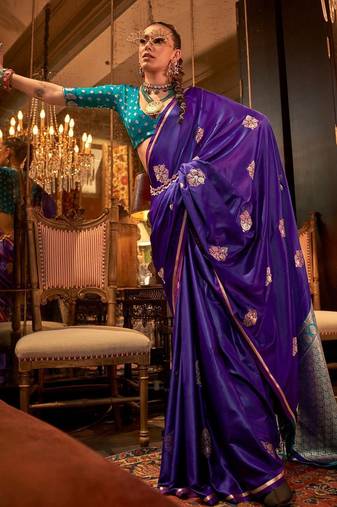 purple woven design zari satin banarasi saree