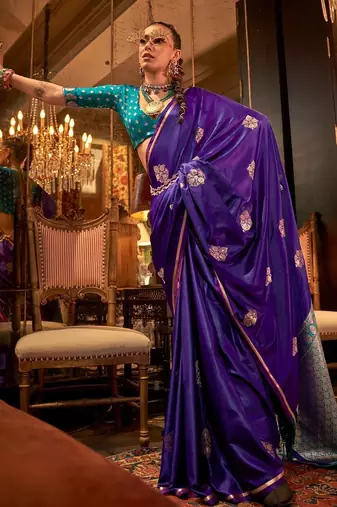 purple woven design zari satin banarasi saree