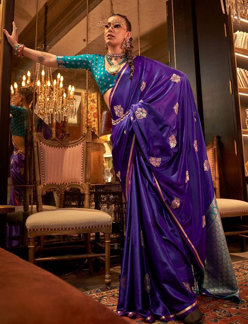 purple woven design zari satin banarasi saree