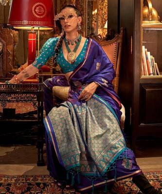purple woven design zari satin banarasi saree 2