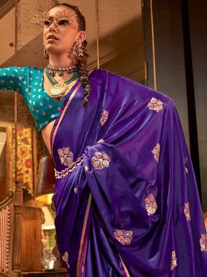 purple woven design zari satin banarasi saree 3