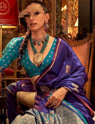 purple woven design zari satin banarasi saree 4