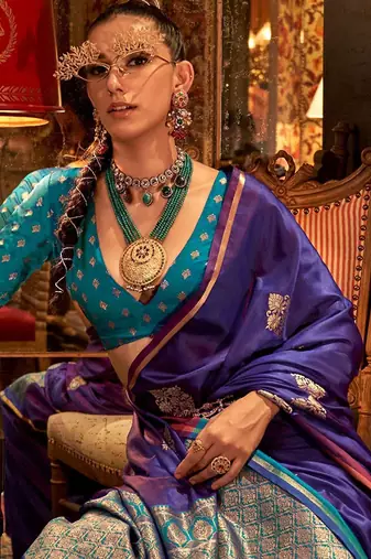 purple woven design zari satin banarasi saree