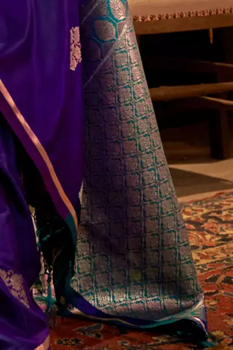 purple woven design zari satin banarasi saree