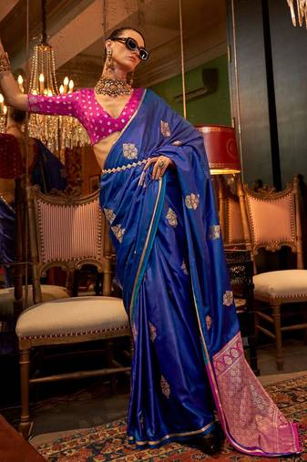blue woven design zari satin banarasi saree