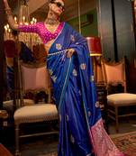 blue woven design zari satin banarasi saree