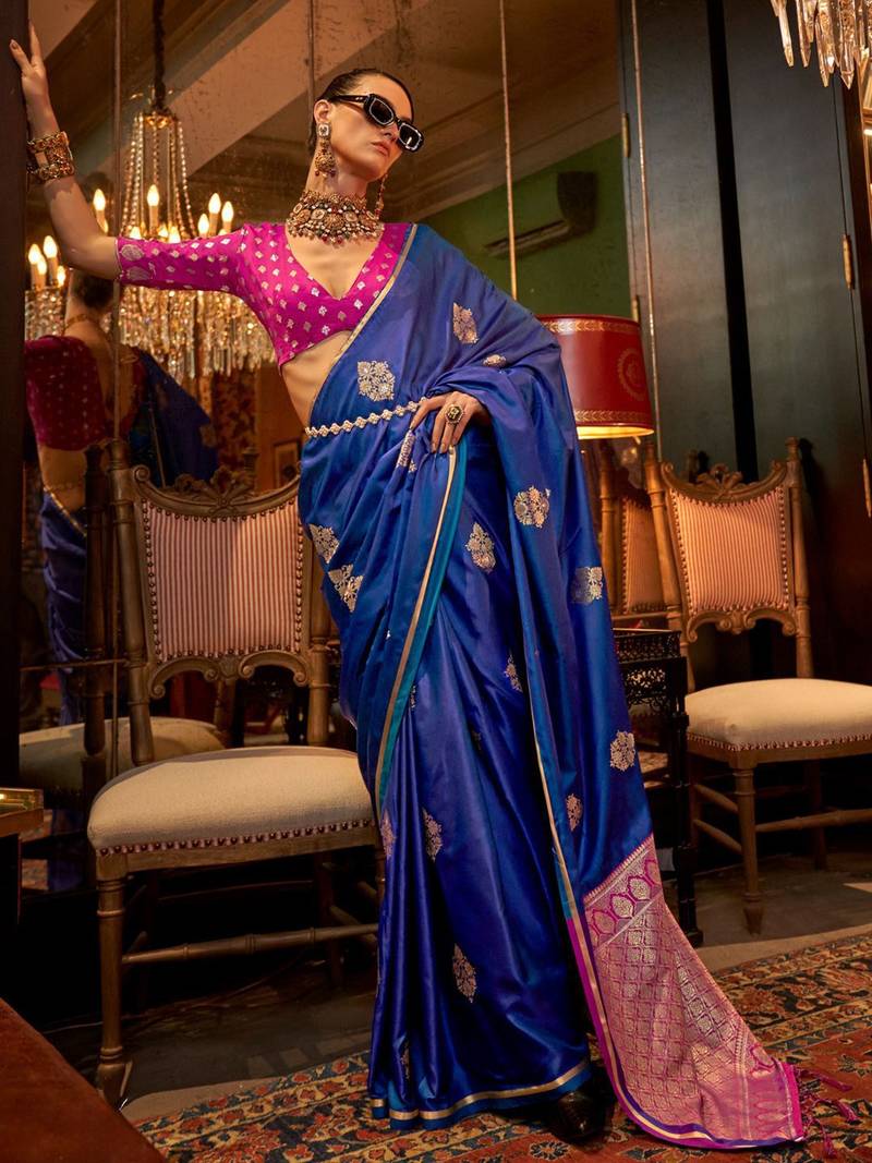 blue woven design zari satin banarasi saree