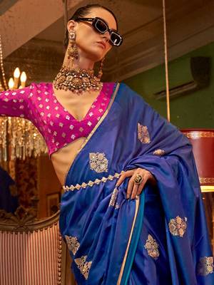 blue woven design zari satin banarasi saree 3