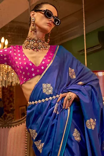 blue woven design zari satin banarasi saree