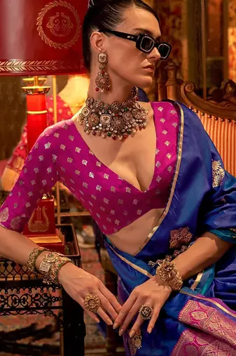 blue woven design zari satin banarasi saree