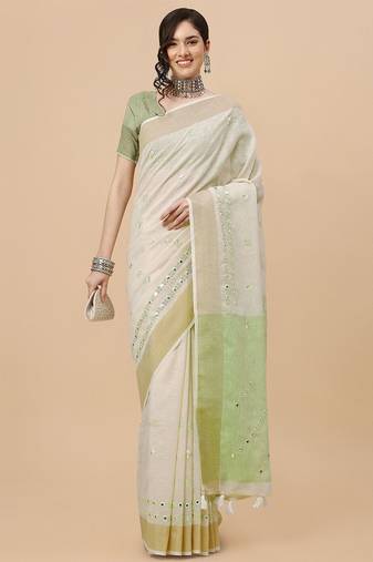 off_white off white & green ethnic motifs embroidered pure linen saree