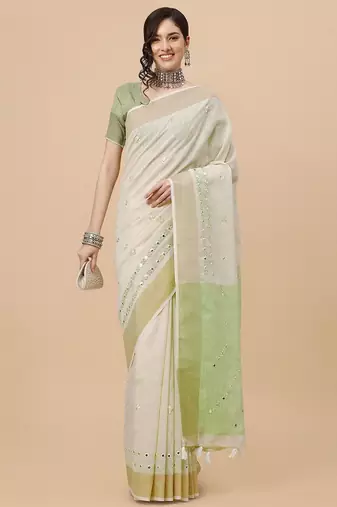 off_white off white & green ethnic motifs embroidered pure linen saree