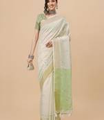 off_white off white & green ethnic motifs embroidered pure linen saree