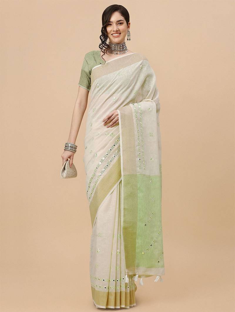 off_white off white & green ethnic motifs embroidered pure linen saree
