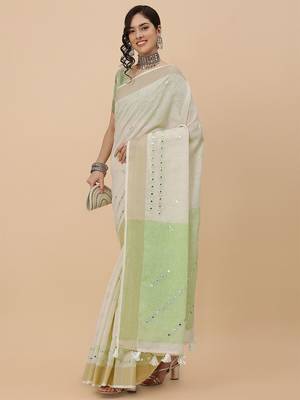 off_white off white & green ethnic motifs embroidered pure linen saree 2