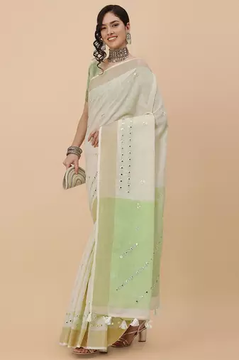 off_white off white & green ethnic motifs embroidered pure linen saree