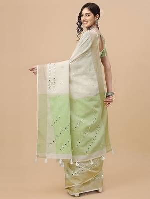 off_white off white & green ethnic motifs embroidered pure linen saree 3