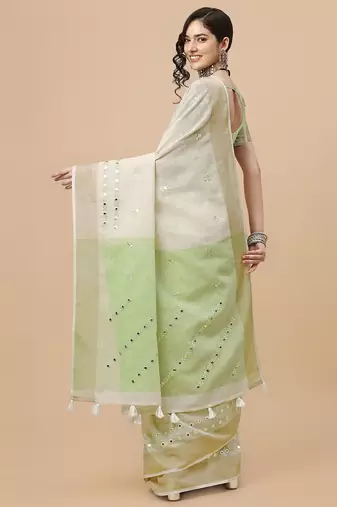 off_white off white & green ethnic motifs embroidered pure linen saree