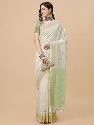 off_white off white & green ethnic motifs embroidered pure linen saree 4