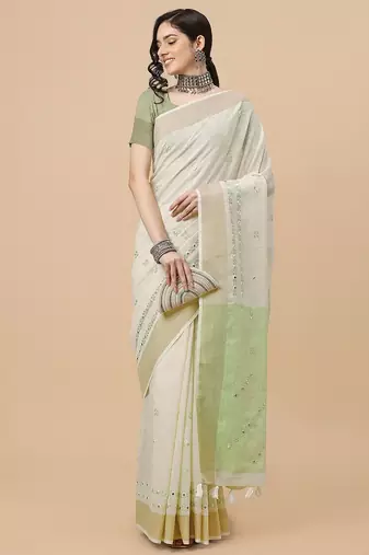 off_white off white & green ethnic motifs embroidered pure linen saree