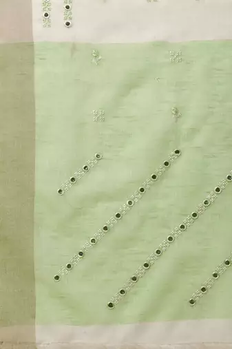 off_white off white & green ethnic motifs embroidered pure linen saree