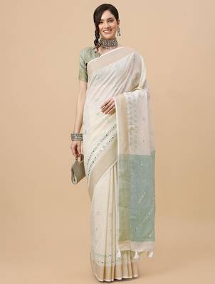 off_white off white & grey embellished embroidered pure linen saree 1