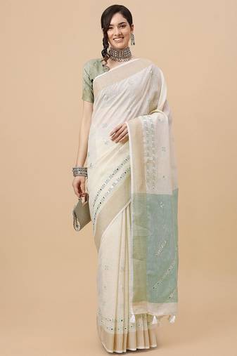 off_white off white & grey embellished embroidered pure linen saree