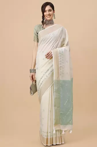 off_white off white & grey embellished embroidered pure linen saree