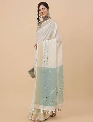 off_white off white & grey embellished embroidered pure linen saree 2