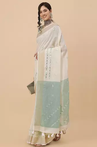 off_white off white & grey embellished embroidered pure linen saree