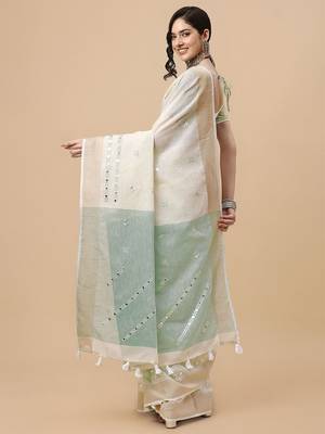 off_white off white & grey embellished embroidered pure linen saree 3